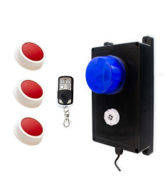 Wireless panic system for businesses, stores & care facilities – blue flash + siren / 3 buttons (200m)