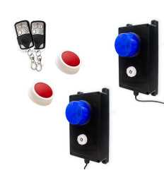 Wireless panic system for businesses, stores & care facilities – double blue flash + siren / 2 buttons (200m)