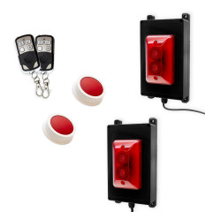 Wireless panic system for businesses, stores & care facilities – double red strobe siren / 2 buttons (200m)